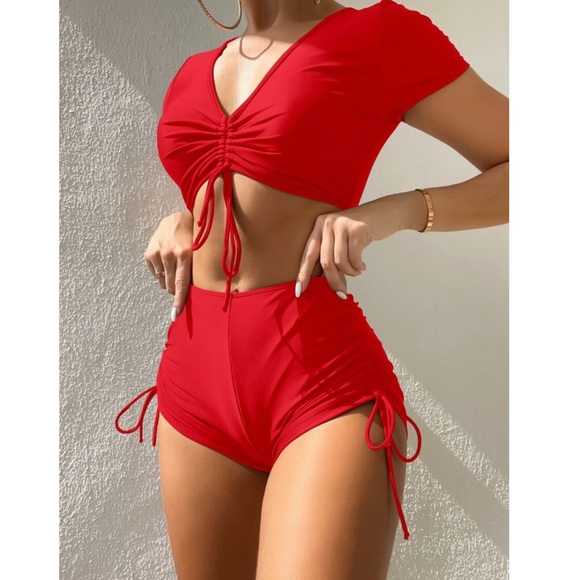 SHEIN Other - NEW Shein Women’s SIZE M Red Solid Tie Front Shorts Bikini Swimsuit